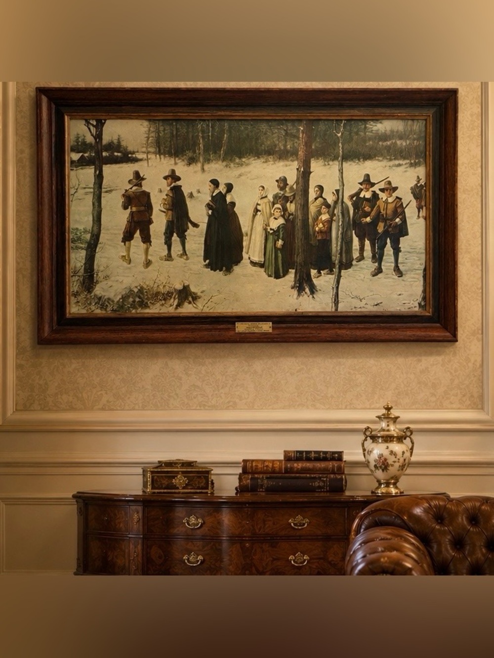 LARGE Pilgrims Going To Church Vintage Framed Fine Art Print George H. Boughton